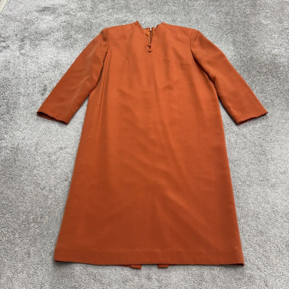 Vintage Shomi Silk Midi Shift Dress Womens 10 Orange Long Sleeve V-Neck NWOT